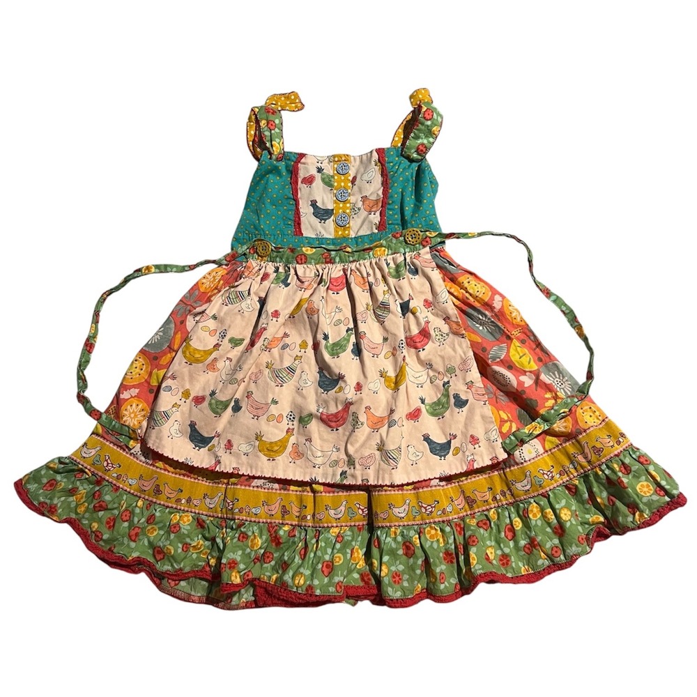 HTF Matilda Jane Girls Size 6 Chickens Dress Floral Patchwork Knot Dress Tiered